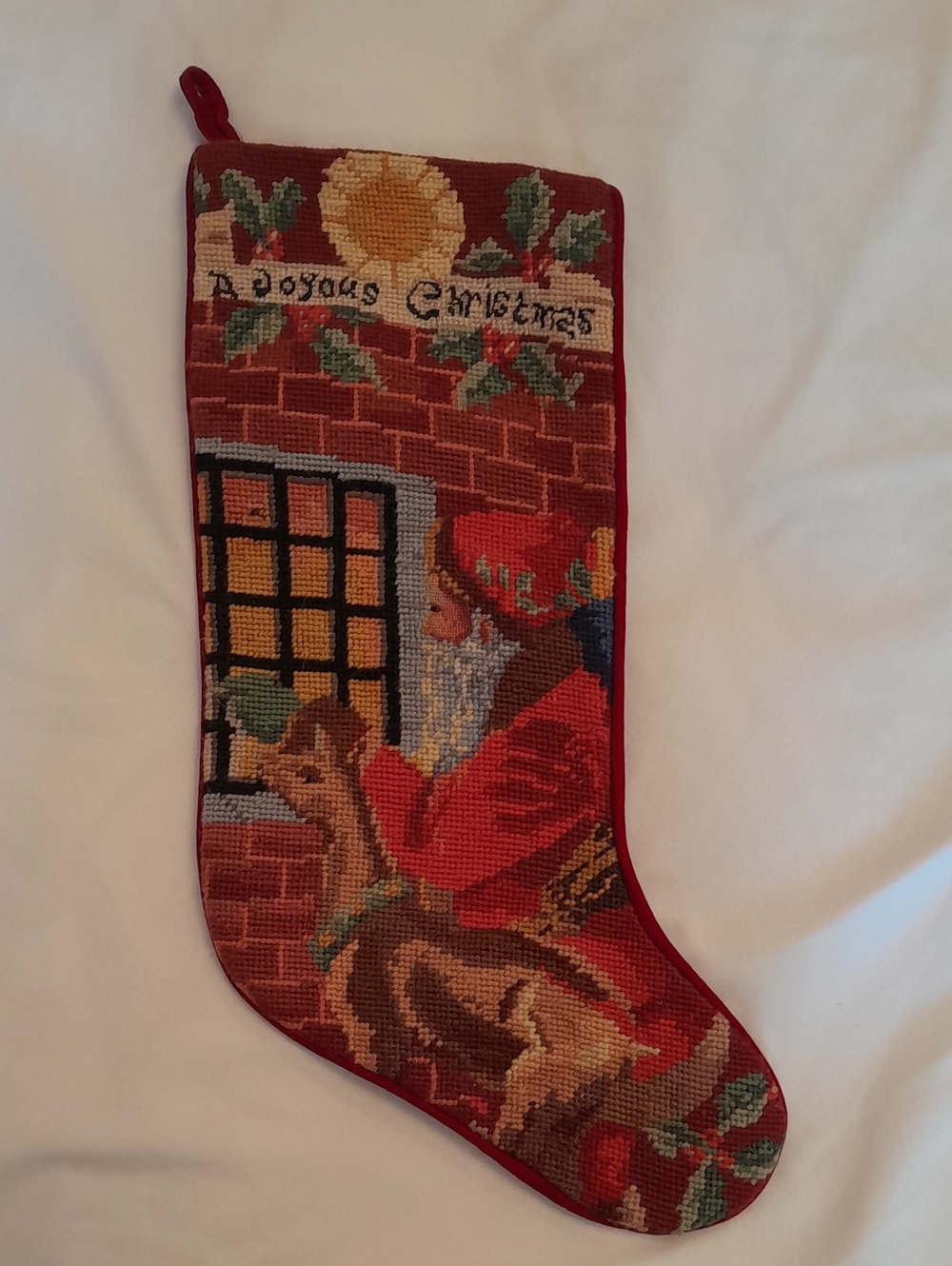 Hand-Embroidered Red Christmas Stocking with Santa Motif